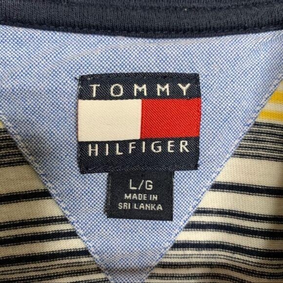 Tommy Hilfiger Polo Shirt Long Sleeve Navy Yellow Stripe Boys Size Large - Picture 4 of 7